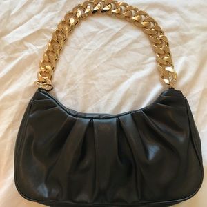 gold chain black leather shoulder bag
